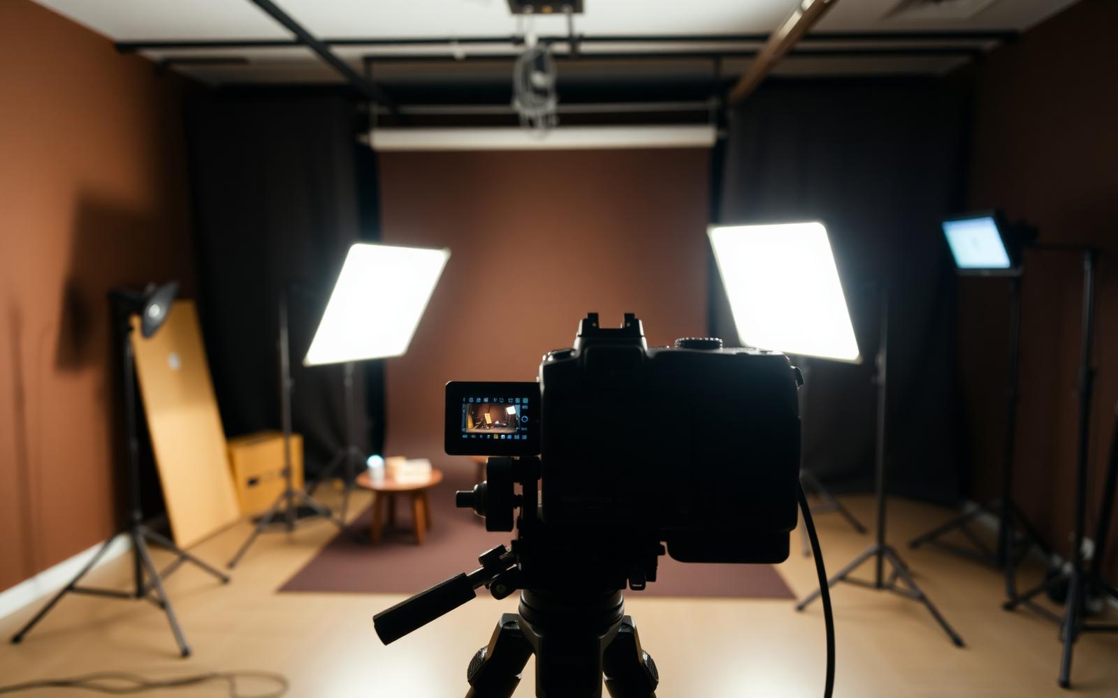 Interior of Bugwilder Studios showing camera, lights, and set